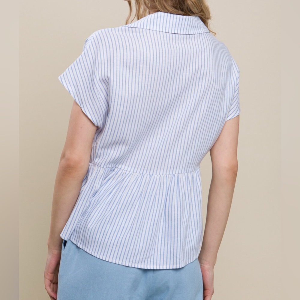 3/$25! NEW! Women’s Boutique Classic Carol Button Up Striped Linen Peplum Top M - Picture 4 of 16